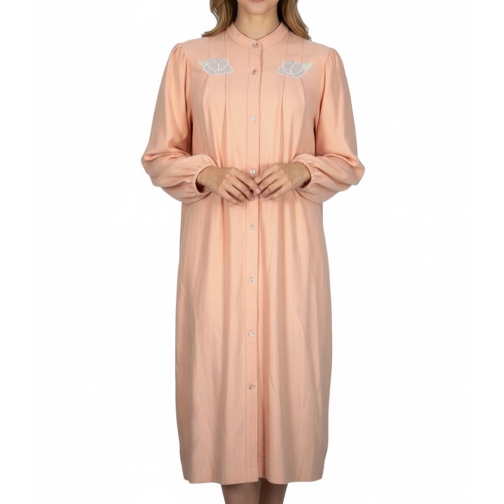 VTG Shadowline PEACH VELOUR FLEECE ROBE Housecoat Snap-Up w/Pockets APPLIQUES M